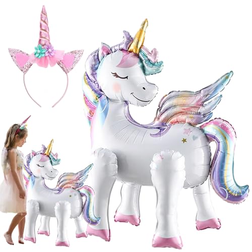 GYHWOFUL Einhorn Deko Kindergeburtstag - 3D Stehend Einhorn Luftballon & Einhorn Haarreif Kinder, Mädchen Kindergeburtstag Deko, Unicorn Folienballon Geburtstagsdeko, Einhörner Deko, Geburtstags Part von GYHWOFUL