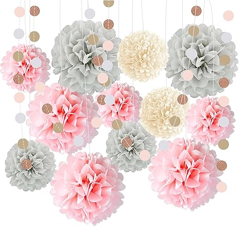 GYHWOFUL Pompons Deko 16 Stück - Rosa Deko Pompons - und Dots Papier Girlande - Party Deko Gartenparty - Verlobung Hochzeitsdeko - Herbst Dekoration- Sommerparty Deko - Altrosa von GYHWOFUL