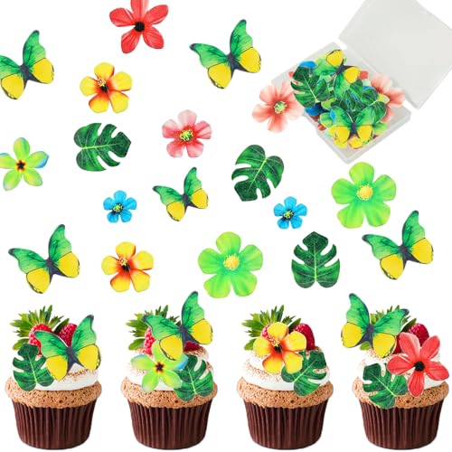 GYHWOFUL 99 Stück Esspapier Tortendeko - 35 Stück Essbare Blumen für Torte 48 Stück Essbare Blätter 16 Stück Essbare Schmetterling, Hawaii Dschungel Cupcake Deko, Geburtstag Kuchen Dekoration Mädchen von GYHWOFUL