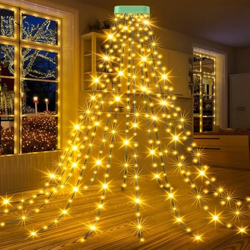 GYLEFY Lichterkette Weihnachtsbaum, 16 Stränge 3M 480LED Christbaumbeleuchtung mit Ring, Lichterkette IP65 Wasserdicht Timer 8Modi Christbaumbeleuchtung für Weihnachtsdeko Außen Innen-Warmweiß Glühend von GYLEFY