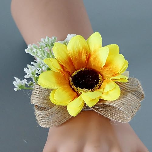 GZKDKZB Handgelenkblume für die Braut, 2er-Set mit Abschlussball-Armbändern, Handgelenk-Anstecker für die Hochzeit, gelbe Sonnenblumen-Handgelenkblume für Brautjungfern, Handgelenk-Dekorat von GZKDKZB