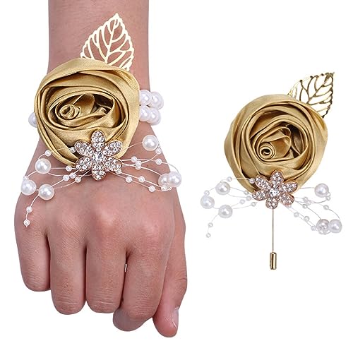 GZKDKZB Handgelenkblume für die Braut, 2er-Set mit Abschlussball-Armbändern, Handgelenk-Corsage und Boutonniere-Set für die Braut und den Bräutigam, Perlenarmband-Handgelenkblume für die H von GZKDKZB