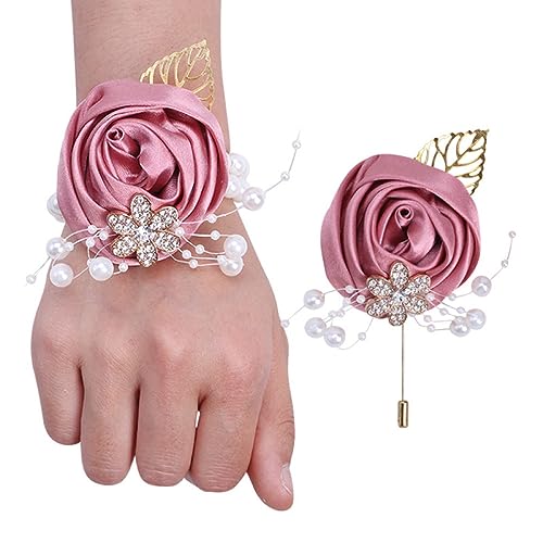 GZKDKZB Handgelenkblume für die Braut, 2er-Set mit Abschlussball-Armbändern, Handgelenk-Corsage und Boutonniere-Set für die Braut und den Bräutigam, Perlenarmband-Handgelenkblume für die H von GZKDKZB