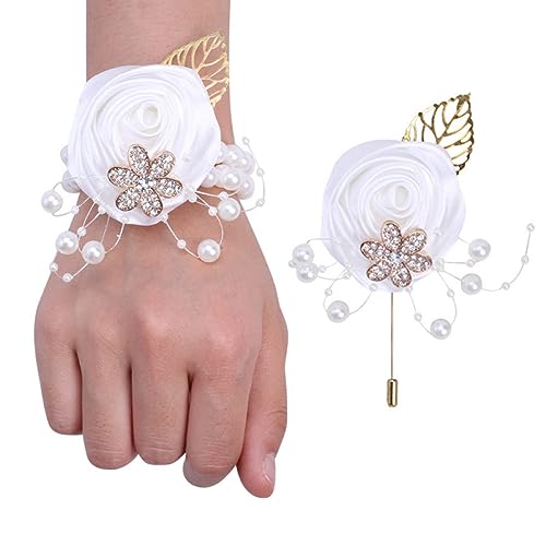 GZKDKZB Handgelenkblume für die Braut, 2er-Set mit Abschlussball-Armbändern, Handgelenk-Corsage und Boutonniere-Set für die Braut und den Bräutigam, Perlenarmband-Handgelenkblume für die H von GZKDKZB