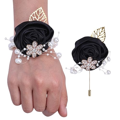 GZKDKZB Handgelenkblume für die Braut, 2er-Set mit Abschlussball-Armbändern, Handgelenk-Corsage und Boutonniere-Set für die Braut und den Bräutigam, Perlenarmband-Handgelenkblume für die H von GZKDKZB