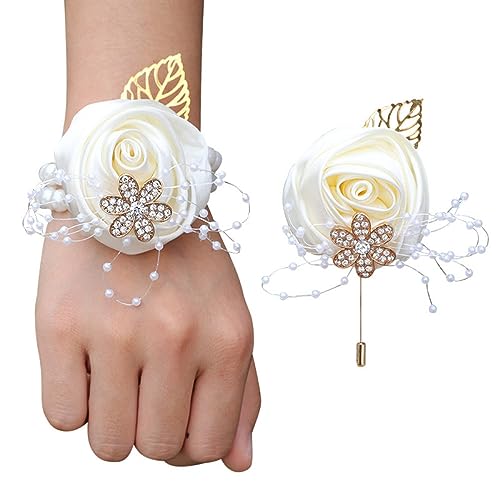 GZKDKZB Handgelenkblume für die Braut, 2er-Set mit Abschlussball-Armbändern, Handgelenk-Corsage und Boutonniere-Set für die Braut und den Bräutigam, Perlenarmband-Handgelenkblume für die H von GZKDKZB