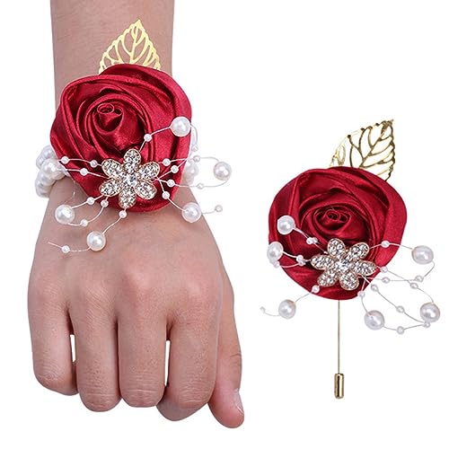 GZKDKZB Handgelenkblume für die Braut, 2er-Set mit Abschlussball-Armbändern, Handgelenk-Corsage und Boutonniere-Set für die Braut und den Bräutigam, Perlenarmband-Handgelenkblume für die H von GZKDKZB