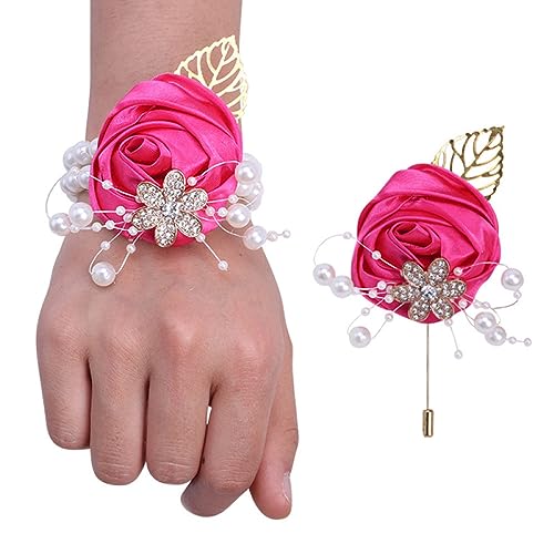 GZKDKZB Handgelenkblume für die Braut, 2er-Set mit Abschlussball-Armbändern, Handgelenk-Corsage und Boutonniere-Set für die Braut und den Bräutigam, Perlenarmband-Handgelenkblume für die H von GZKDKZB