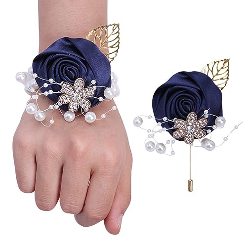 GZKDKZB Handgelenkblume für die Braut, 2er-Set mit Abschlussballarmbändern, Handgelenk-Corsage und Boutonniere-Set für die Braut und den Bräutigam, Perlenarmband-Handgelenkblume für die Ho von GZKDKZB