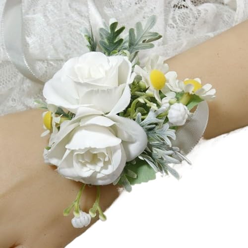 GZKDKZB Handgelenkblume für die Braut, Abschlussball-Armbänder, 2er-Set, weiße Handgelenk-Corsage für die Hochzeit, Brautjungfern-Handgelenkblume, Abschlussball-Party-Dekoration, Handblume von GZKDKZB