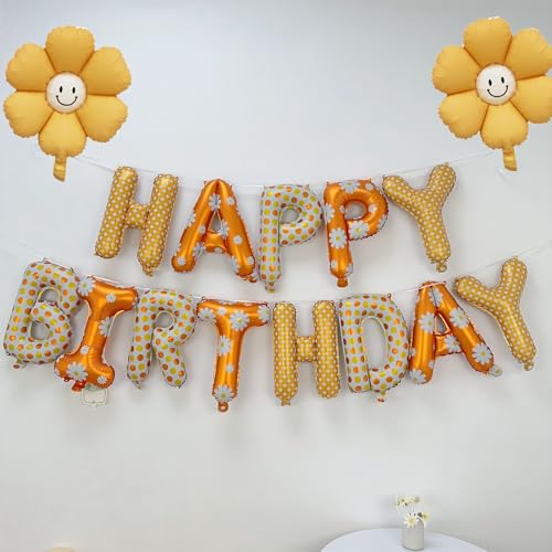 GZLCWL Personalisiertes "Happy Birthday"-Ballon-Banner, Gänseblümchen-Ballon, 40,6 cm Blumen-Folien-Banner, Wimpelkette, Frühlings-Geburtstagsparty-Dekoration für Frauen und Mädchen von GZLCWL