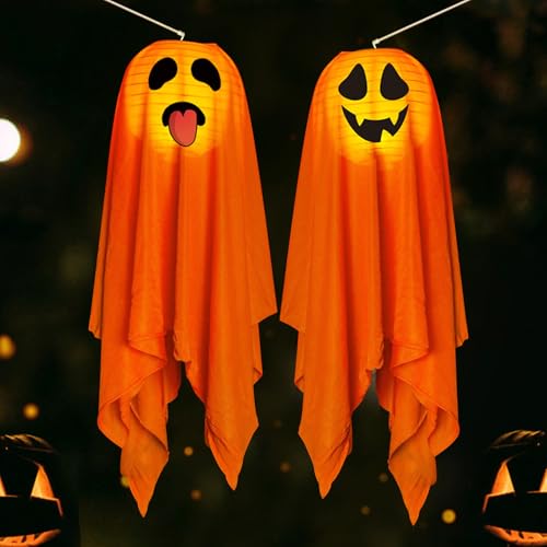 Halloween Deko Geist,Halloween Deko Outdoor Hängende Geister mit LED Lichtern,54CM Gruselig Halloween Windsäcke Geist Hängen Geistergesicht für Vorgarten Terrasse Rasen Garten Halloween Dekoration (E) von GZWY