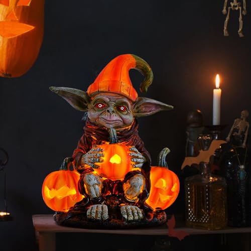 Halloween Deko Kürbis Laterne Elf Halloween Kürbis Deko Innen, Herbstdeko LED Kerze, Halloween Tischdeko Laterne Statuen Figuren Ornamente Batteriebetriebene Halloween Dekoration (D) von GZWY