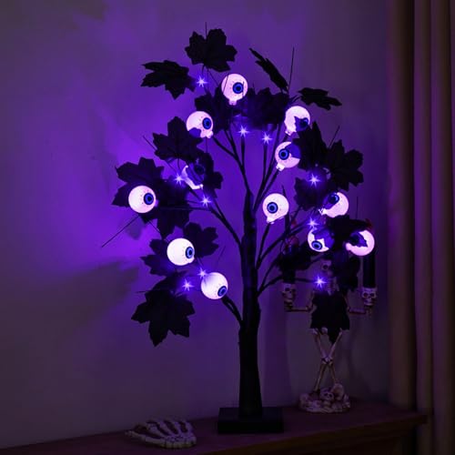 Halloween Deko Lichterbaum mit 24 LEDs, Halloween Deko Innen LED Geist Kürbis Augapfel Baum Lichter Halloween Dekoration Lichterbaum mit Timer, Gruselig Halloween Spinnen Deko für Tischdeko (A) von GZWY