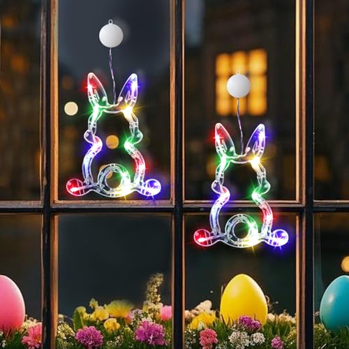 Osterdeko LED Fenster Licht, 2er Ostern Deko LED Lichterkette Hase Fenster Beleuchtet mit Batteriebetriebene,Ostern Fensterdeko mit Saugnäpfe,Osterhase zum Aufhängen Lichterkette für Innen Draußen (A) von GZWY