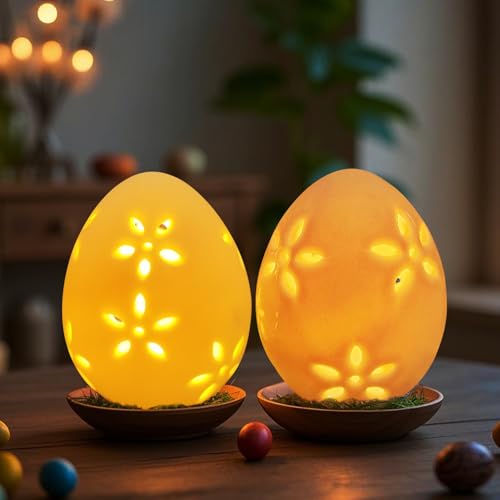 Osterdeko LED Ostereier mit LED Licht, Frühlingsdeko Eier aus Keramik, Hohl Ostern Deko Blumen Hase Eier Beleuchtung Lichter Batteriebetrieben Leuchtende Osterei für Osterdeko Innen Tischdeko (E) von GZWY