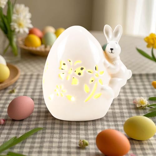 Osterdeko Ostereier mit LED Licht, Frühlingsdeko Nachtlicht Eier aus Keramik, Hohl Ostern Deko Blumen Hase Eier Beleuchtung Lichter Batteriebetrieben Nachttischlampe für Osterdeko Innen Tischdeko (B) von GZWY