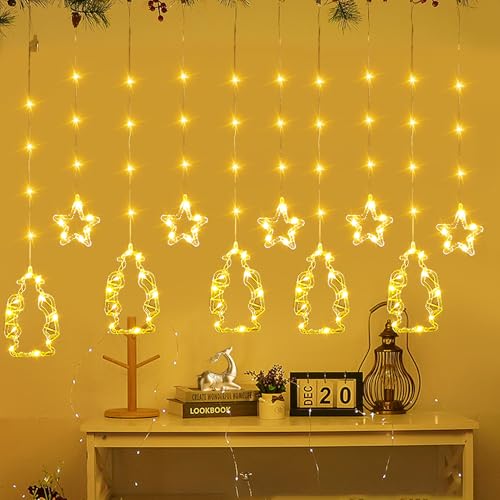 Ramadan Lichterkette, 120 LED Ramadan Deko LED Lichterkette Mond Sterne, Lichtervorhang Innen, LED Sterne Mond Vorhang Licht mit 8 Blinkenden Modi & Fernbedienung für Ramadan Dekoration (E) von GZWY