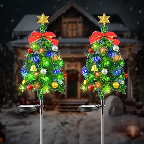 Solar Weihnachtsbaum Pfahl Lichter, 2er Weihnachtsdeko Kleiner Weihnachtsbaum 80 LEDs 8 Modes Solar Garten Bodenleuchten mit Roten Beeren Weihnachtszubehör für Weihnachtsdeko Aussen, Garten, Weg (A) von GZWY