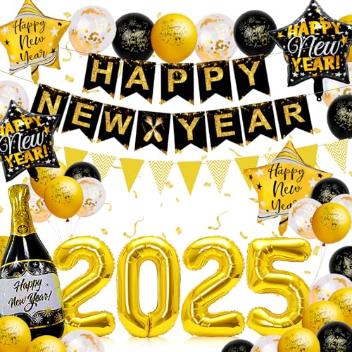 Gaeymy Silvester Deko 2025, Happy New Year Deko, Silvester Deko 2025 Party Set, Neujahr Deko Silvesterdeko mit Schwarz Gold Luftballon Folienballon, Accessoires für Silvester Party von Gaeymy