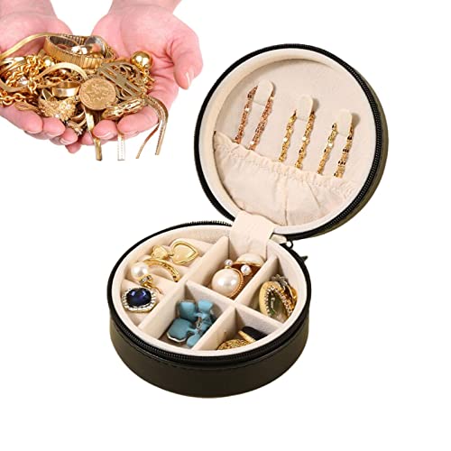 Gaimety Reise-Schmuckkoffer, rundes Etui, PU-Leder, kleine Schmuckschatulle, Reise-Schmuck-Organizer, tragbarer Schmuck-Aufbewahrungshalter für Ringe, Ohrringe, Halsketten, Armbänder, Organizer von Gaimety