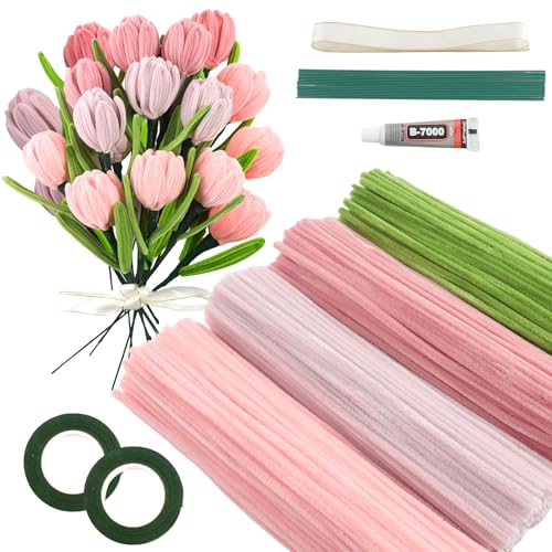 Galerie SV Rosa Tulip Bouquet Pfeifenreiniger Set, 400 Stück Pfeifenputzer zum Basteln 4 Farben Pipe Cleaner mit 20 Stück Grünem Bastelfaden, Geschenkband, Klebeband（Dunkelrosa, Mittelrosa, Hellrosa） von Galerie SV