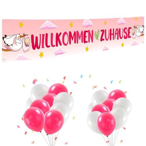 Galerie SV Willkommen Baby Deko, 300x50cm Willkommen Zuhause Baby Welcome Home Baby Mädchen Deko Rosa Willkommen Zuhause Deko mit 18 Stück Luftballons von Galerie SV