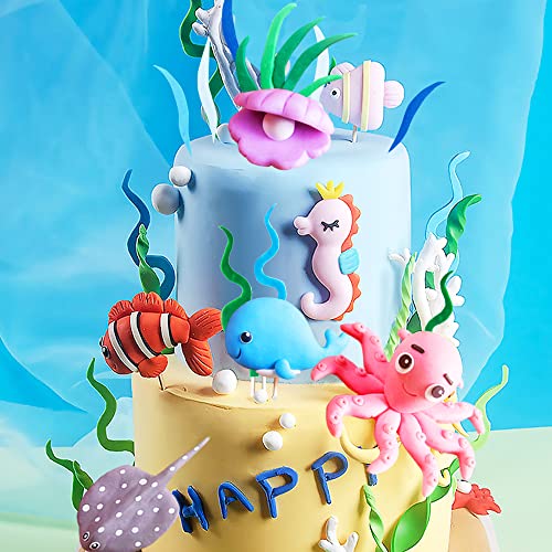 GallaRato 16 Stück Ozean-Thema Geburtstagskuchenaufsatz Süße Meerestier Kuchendekorationen Muschelkuchen Dekorationen Tropische Fische Kuchen Zubehör Meer Ozean Thema Kuchen Topper Baby Shower Unterwasser Party Dekorationen von GallaRato