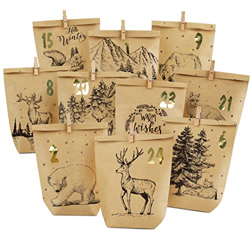 Adventskalender Tüten zum Befüllen, Weihnachtskalender Papiertüten zum Selber Basteln, DIY Advents Kraftpapiertüten Selbstbefüllen zum selbst füllen, 24 Bedruckte Geschenktüten für Kinder Erwachsene von Gallop Chic