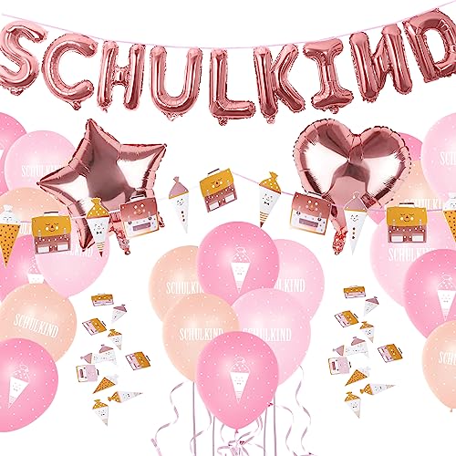 Einschulung Deko Set für Mädchen, Folienballon Schulkind Girlande + Schultüte und Schulranzen Banner + Schuleinführung Schulanfang Luftballon + Zuckertüten Konfetti von Gallop Chic