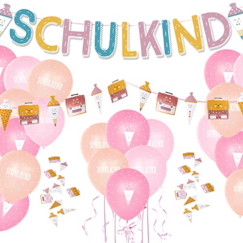 Einschulung Deko Set für Mädchen, Schulkind Girlande + Schultüte und Schulranzen Banner + Schuleinführung Schulanfang Luftballon + Zuckertüten Konfetti von Gallop Chic