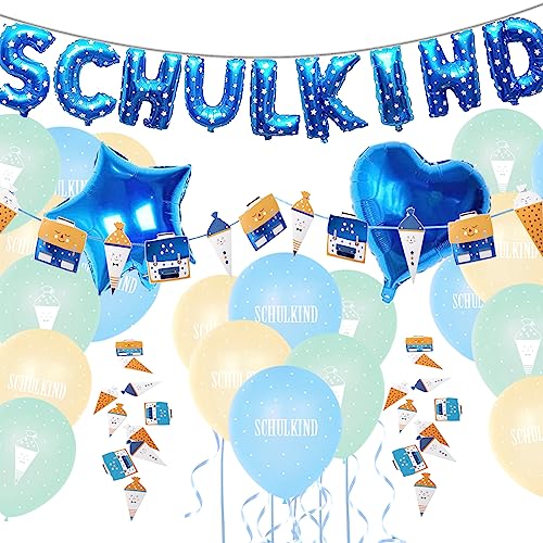 Einschulung Deko Set für Junge, Folienballon Schulkind Girlande + Schultüte und Schulranzen Banner + Schuleinführung Schulanfang Luftballon + Zuckertüten Konfetti von Gallop Chic