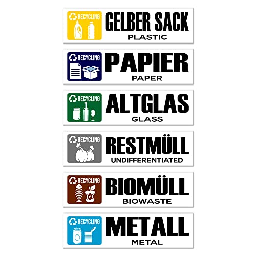 GamesMonkey® - Set of 6 Rubbish bin stickers - Recycling Wastemülleimer Aufkleber - DE - v1 - Organic Waste, Yellow Bag, Waste Paper, Residual Waste, Waste Glass Wheelie (15x4 cm, 6 Stücke) von GamesMonkey