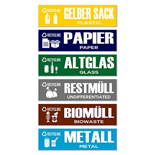 GamesMonkey® - Set of 6 Rubbish bin stickers - Recycling Wastemülleimer Aufkleber - DE - v2 - Organic Waste, Yellow Bag, Waste Paper, Residual Waste, Waste Glass Wheelie (15x4 cm, 6 Stücke) von GamesMonkey