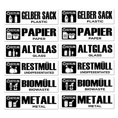 GamesMonkey® - Set of 6 Rubbish bin stickers - Recycling Wastemülleimer Aufkleber - DE - v3 - Organic Waste, Yellow Bag, Waste Paper, Residual Waste, Waste Glass Wheelie (15x4 cm, 12 Stücke) von GamesMonkey