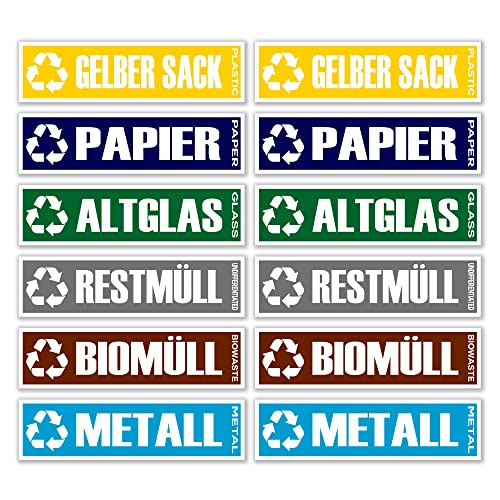 GamesMonkey® - Set of 6 Rubbish bin stickers - Recycling Wastemülleimer Aufkleber - DE - v4 - Organic Waste, Yellow Bag, Waste Paper, Residual Waste, Waste Glass Wheelie (25x8 cm, 12 Stücke) von GamesMonkey