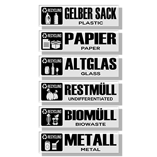 GamesMonkey® - Set of 6 Rubbish bin stickers - Recycling Wastemülleimer Aufkleber - DE - v5 - TRANSPARENT - Organic Waste, Yellow Bag, Waste Paper, Residual Waste, Glass Wheelie (20x6 cm, 6 Stücke) von GamesMonkey