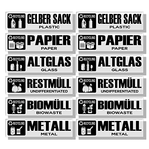 GamesMonkey® - Set of 6 Rubbish bin stickers - Recycling Wastemülleimer Aufkleber - DE - v5 - TRANSPARENT - Organic Waste, Yellow Bag, Waste Paper, Residual Waste, Glass Wheelie (25x8 cm, 12 Stücke) von GamesMonkey