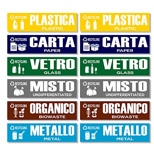 GamesMonkey® - Set of 6 Rubbish bin stickers - Recycling Wastemülleimer Aufkleber - v2 - Organic Waste, Yellow Bag, Waste Paper, Residual Waste, Waste Glass Wheelie (20x6 cm, 12 Stück) von GamesMonkey