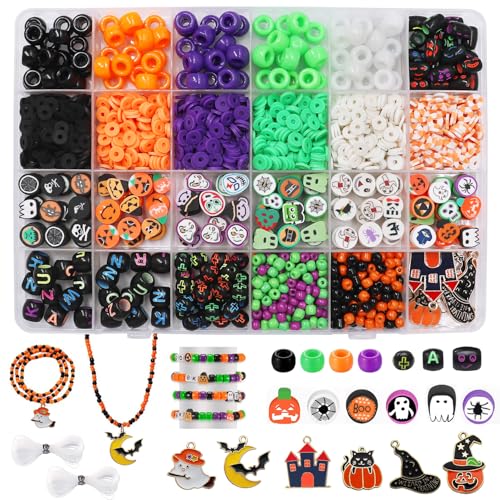 Ganepwns Halloween Ton Perlen für Armband Making, Orange Schwarz Beading Kit mit Mond Kürbis Geist Hexe Hut Charms Anhänger für Schmuck machen, DIY Handwerk Kunst Halloween Geschenke von Ganepwns