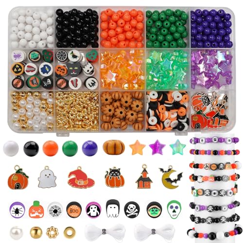 Halloween Perlen für Armband Making Kit, Orange Schwarz Runde Perlen Kürbis Stern Gold Perlen Perlen Set mit Hexenhut Geist Charms Anhänger für Schmuck machen, DIY Handwerk Kunst Halloween Geschenke von Ganepwns