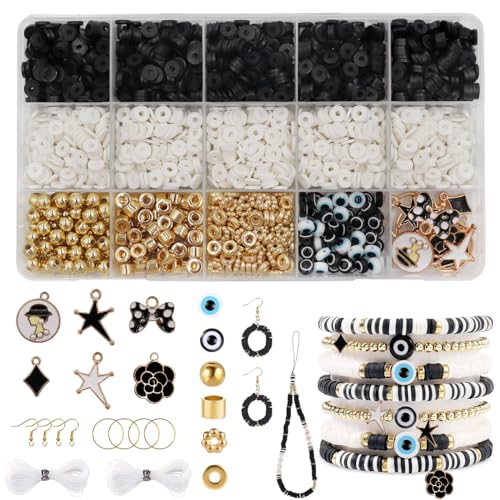 Schwarz & Weiß Perlen für Armbänder machen Ton Perlen für Schmuck machen DIY Handwerk Charms Freundschaft Armband Beading Kit Zubehör Weihnachten Geschenk für Mädchen Frauen von Ganepwns