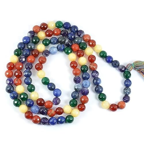 Ganesha Arts 7 Chakra-Mala-Halskette, facettiert, 8 mm, Kristallstein, 108 Perlen, Jaap Mala, 0, Holz, Ohne Edelstein. von Ganesha Arts