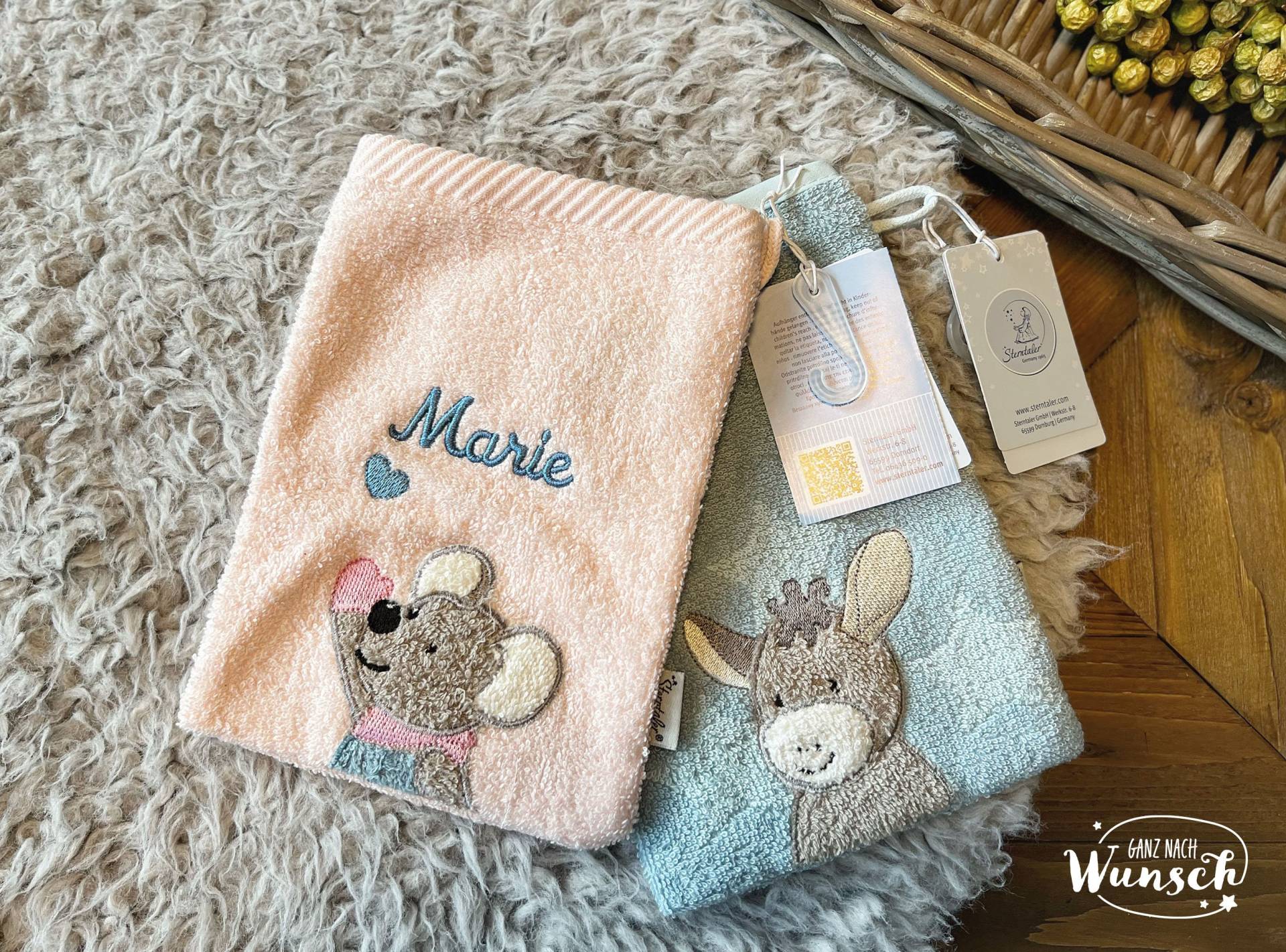 Sterntaler Waschlappen Personalisiert | Geschenk Zur Taufe Geburt Geburtstag Patengeschenk Maus Mabel Esel Emmi Mit Stick von Ganznachwunsch