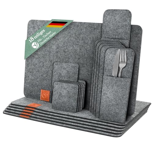 Ganzoo © Tischset aus Filz 18-teilig | Platz-Set abwaschbar | Rechteckig 44cm x 30cm | Nachhaltige Filzmatten | Hitzebeständige Untersetzer | Platzdeckchen für Esstisch | Platzmatten | Anthrazit von Ganzoo