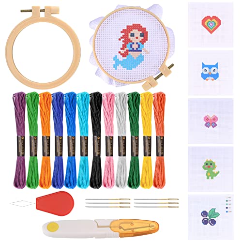 Anfänger Stickerei Set, Kreuzstich Set für Anfänger, Cross Stitch Kit, Embroidery Kit, Stickset für Anfänger mit Muster, Stickrahmen, Nadeln, Scheren, Sticken für Erwachsene, Kinder, Anfänger von Gaomoeny