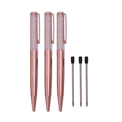 Gaoominy Rose Gold Pen Bling Crystal Kugelschreiber schwarzer Tintenstift mit 3 zusaetzlichen Minen (Rose Gold 3 Pack) von Gaoominy