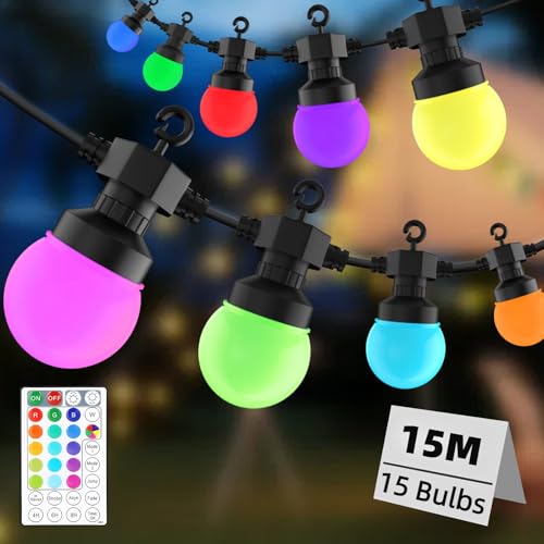 Gaoxun Smart RGB Lichterkette Außen 15m, Farbwechsel G50 Glühbirnen Strom mit Fernbedienung, Dimmbar, Timer, Multi Modes, IP44 Wasserdicht Bunt 15 LED für Halloween, Weihnachten, Party, Terrasse von Gaoxun