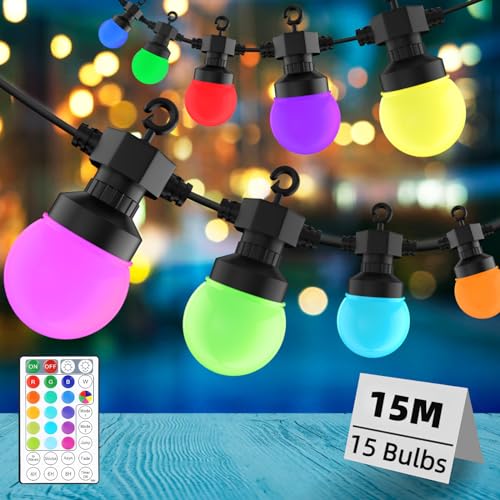 Gaoxun LED Lichterkette Außen Strom, 15m RGB Outdoor Lichterketten IP44 Wetterfest Dimmbar, Timer, 15 G50 Glühbirnen Aussen Beleuchtung mit Fernbedienung für Garten Balkon Pavillon Terrasse Party von Gaoxun