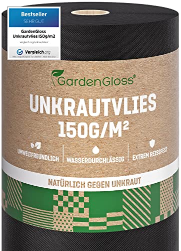 GardenGloss 50m² Unkrautvlies Gartenvlies 150g/m² Extra Stark Gegen Unkraut – Extrem Reissfest und Hohe UV-Stabilisierung – Unkrautfolie Wasserdurchlässig (50m x 1m, 1 Rolle) von GardenGloss